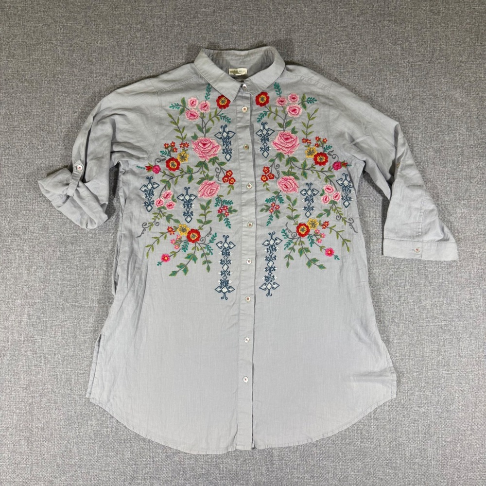 Kyla Seo Embroidered Floral Tunic Shirt Womens Large Gray Boho Cottagecore Top